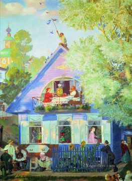 風景 Painting - ブルーハウス 1920年 ボリス・ミハイロヴィチ・クストーディエフ 都市景観 都市のシーン